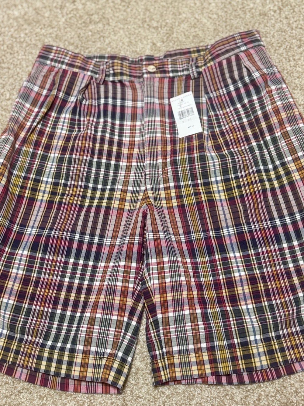 Ralph Lauren Plaid Cotton Shorts-Navy, Red, Yellow, Green. Pleated. Sz 32.